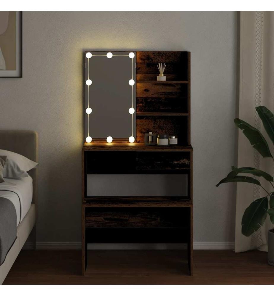 Schminktisch-Set mit LED-Leuchten Altholz-Optik Holzwerkstoff