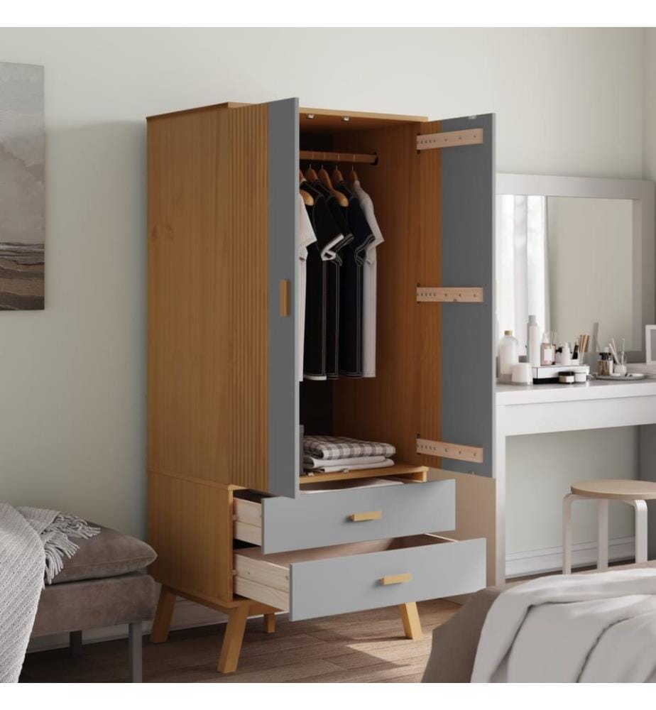 Garde-robe OLDEN gris et marron 76,5x53x172 cm bois massif pin