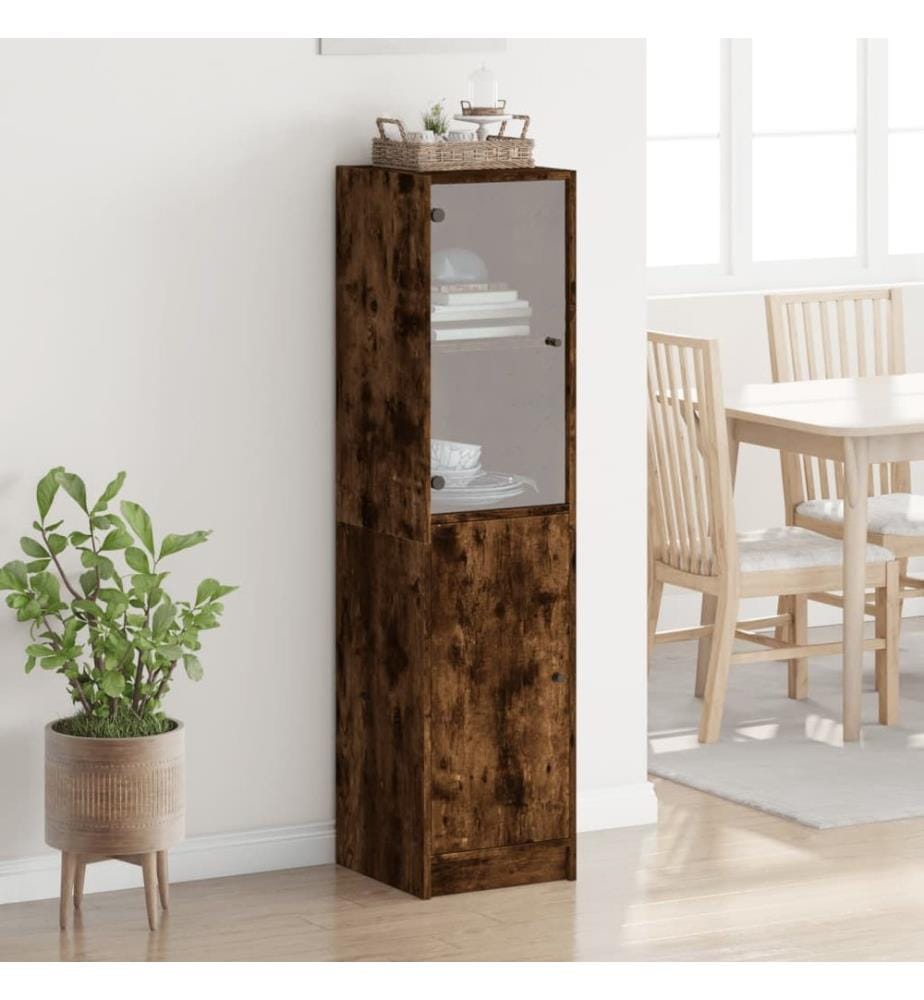 Buffet avec porte en verre chêne fumé 35x37x142 cm