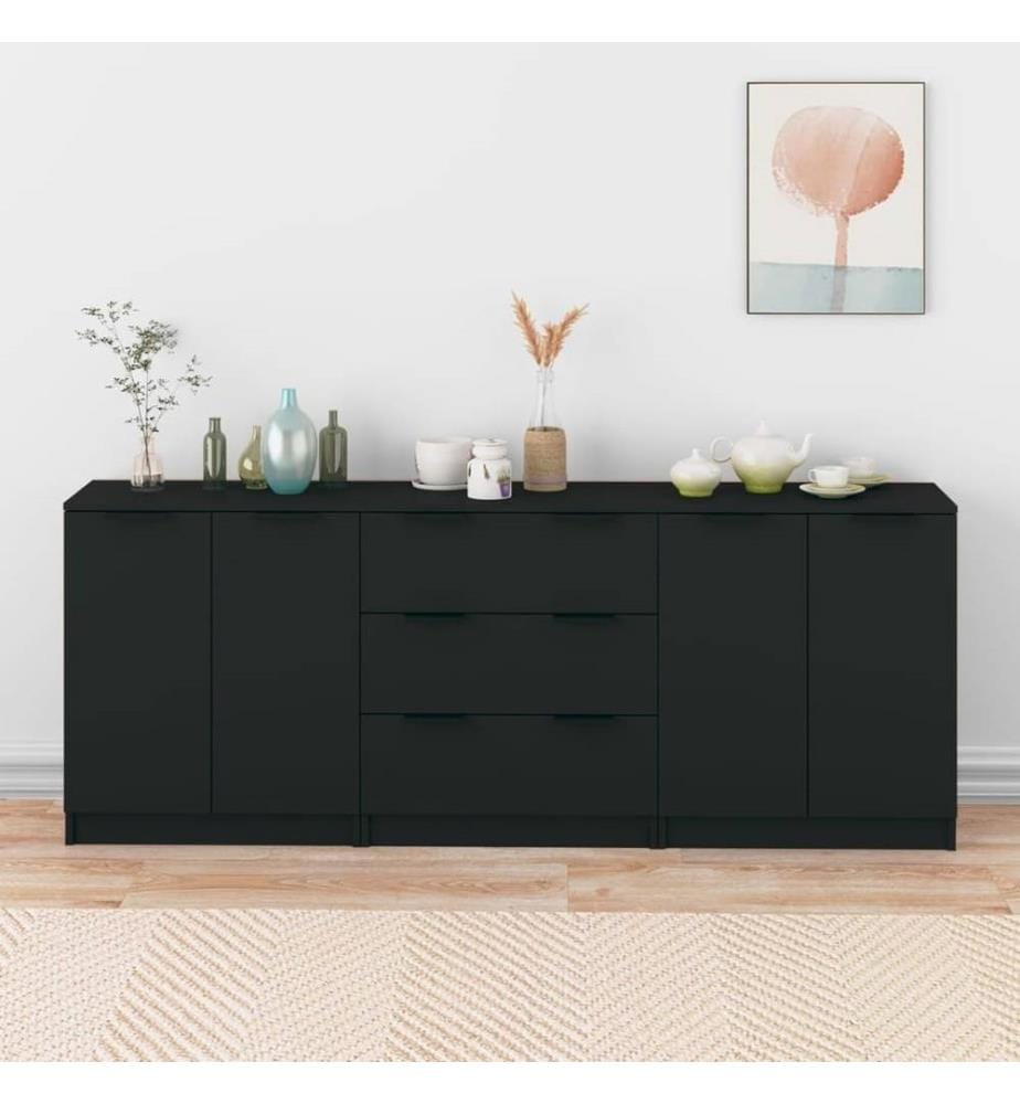 Buffets 3 pcs Noir Bois d'ingénierie