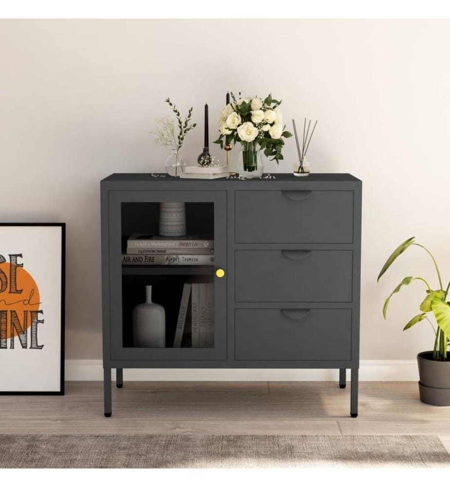 Buffet Anthracite 75x35x70 cm Acier et verre trempé
