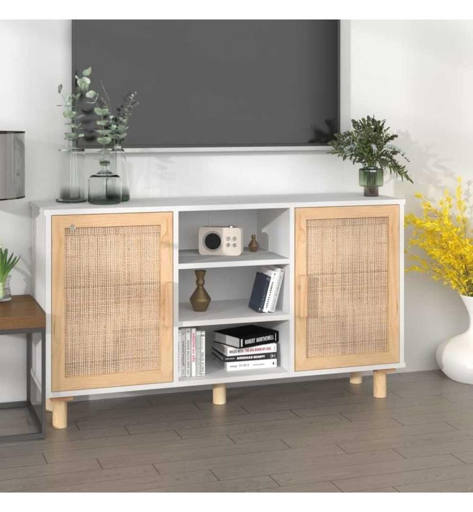 Buffet Blanc 105x30x60 cm Bois de pin massif et rotin naturel