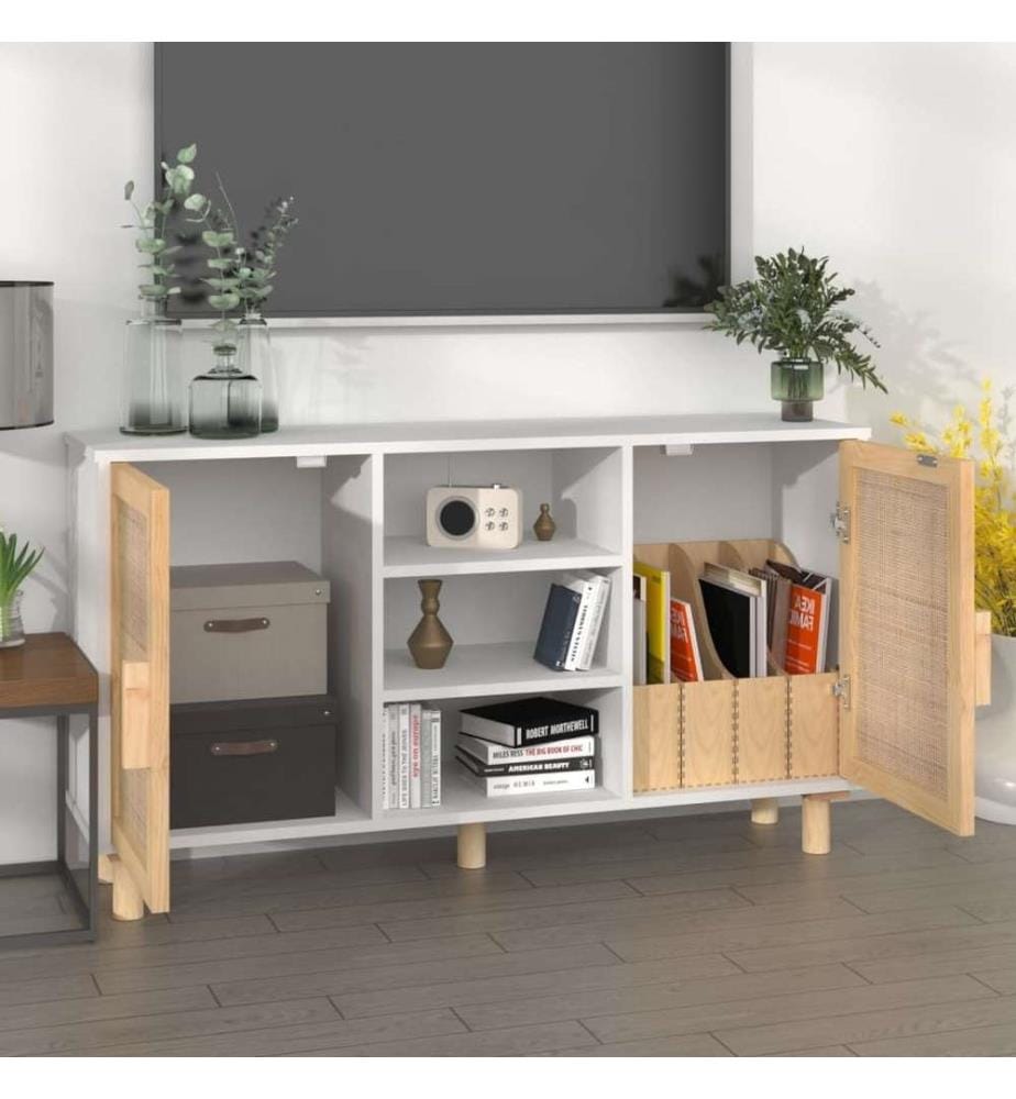 Buffet Blanc 105x30x60 cm Bois de pin massif et rotin naturel