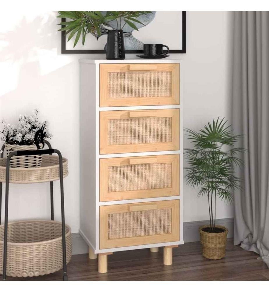 Buffet Blanc 40x30x90 cm Bois de pin massif et rotin naturel
