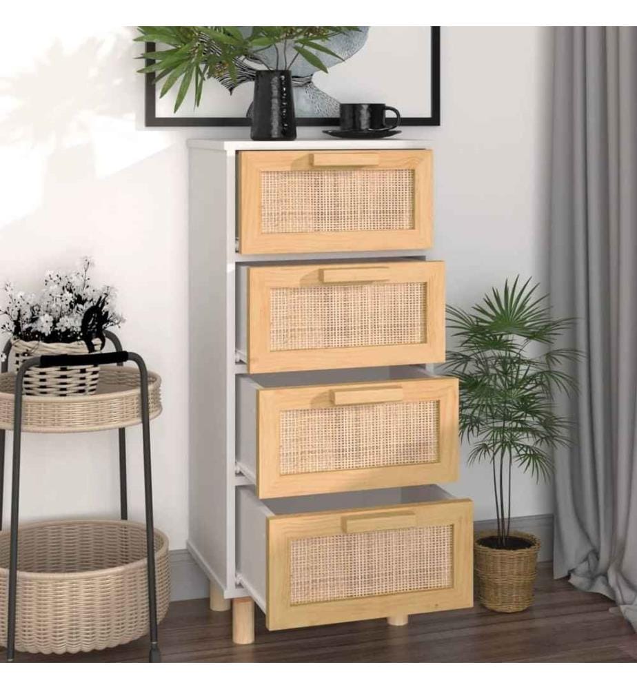Buffet Blanc 40x30x90 cm Bois de pin massif et rotin naturel