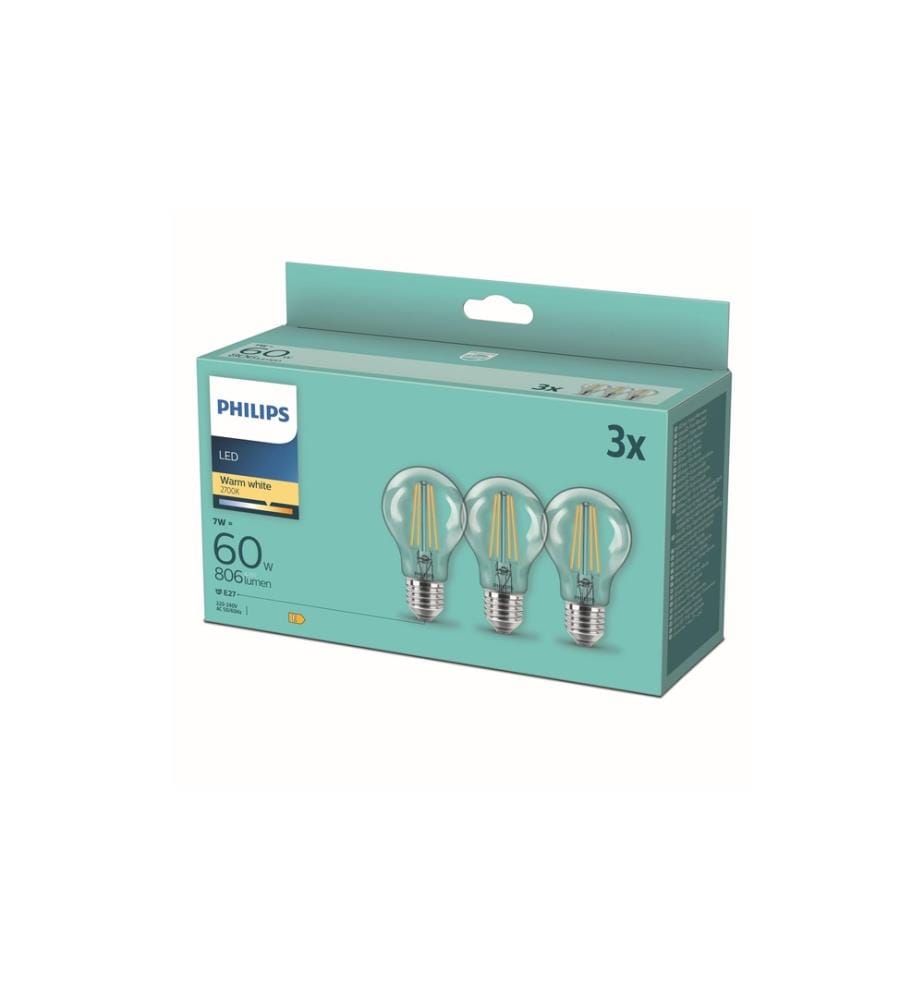 PHILIPS - Lampe LEDcla 60W E27 A60 WW CL ND 3PFDisc Blanc chaud (WW)