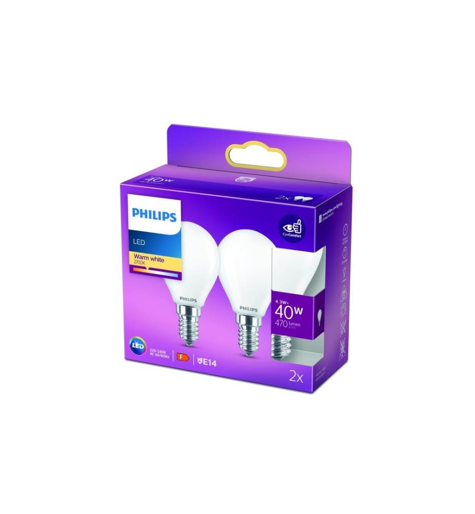 PHILIPS - Lampe LEDcla 40W E14 P45 WW FR ND 2PF Blanc chaud (WW)