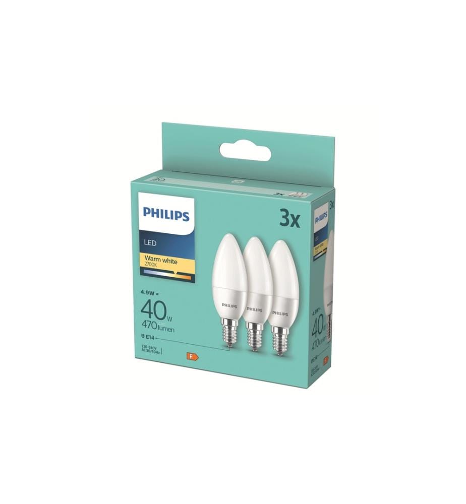 PHILIPS - Bougie LED standard, E14 Set de 3 bougies blanc chaud pour remplacer 40W, nondim