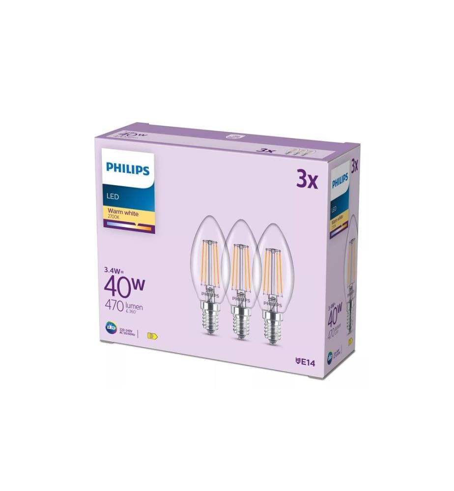 Philips LED Filament Candle Bulb, 40 W, B35 E14, 3-pack