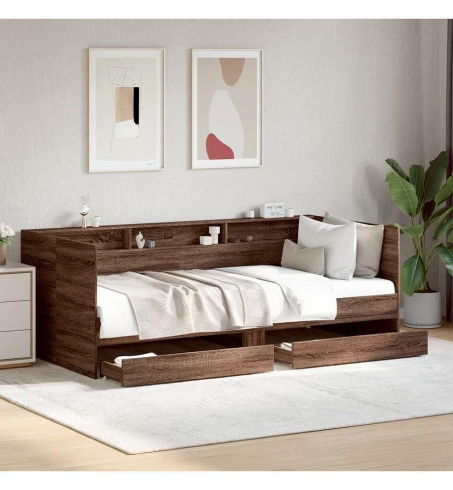 Lit de jour et tiroirs chêne marron 100x200cm bois d'ingénierie