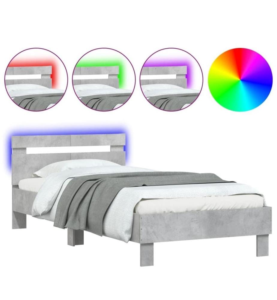 Cadre de lit tête de lit et lumières LED gris béton 100x200 cm