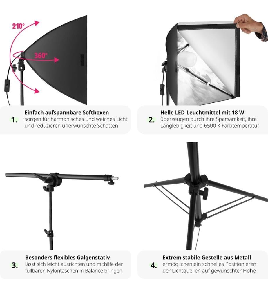 Kit éclairage studio 3 Lampes Softbox Trépieds - noir