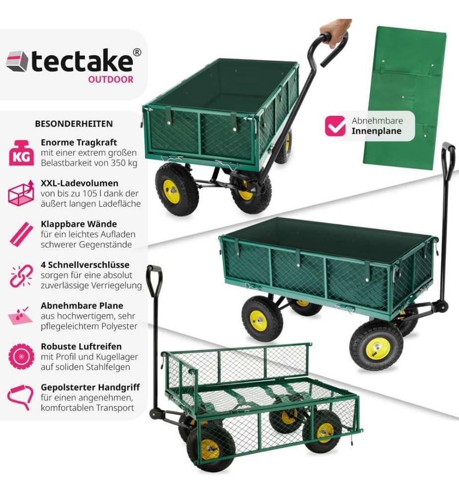 Garden Trolley - foldable side walls, steering axle, padded handle, 350 kg load capacity - green