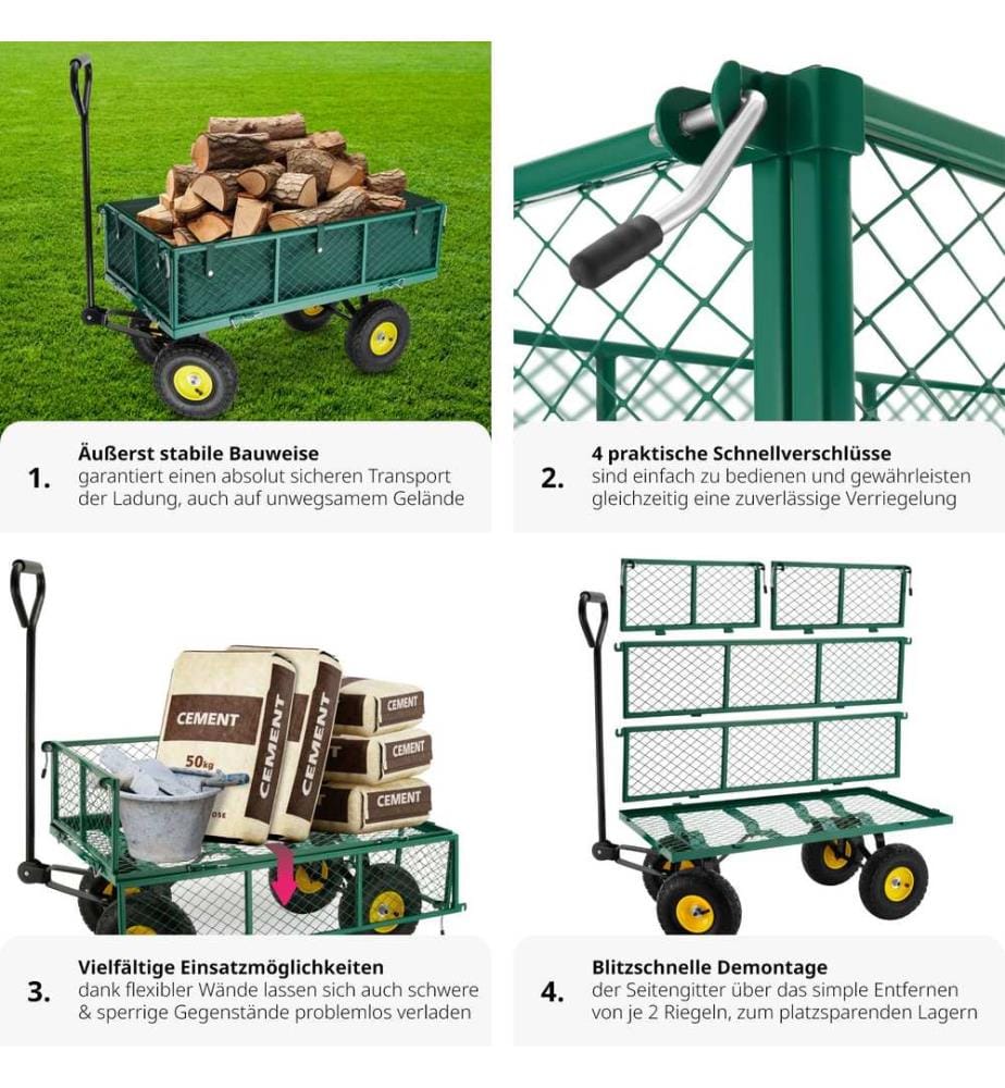 Garden Trolley - foldable side walls, steering axle, padded handle, 350 kg load capacity - green