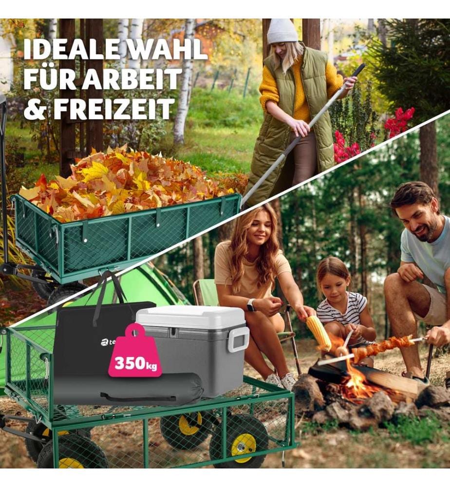 Garden Trolley - foldable side walls, steering axle, padded handle, 350 kg load capacity - green