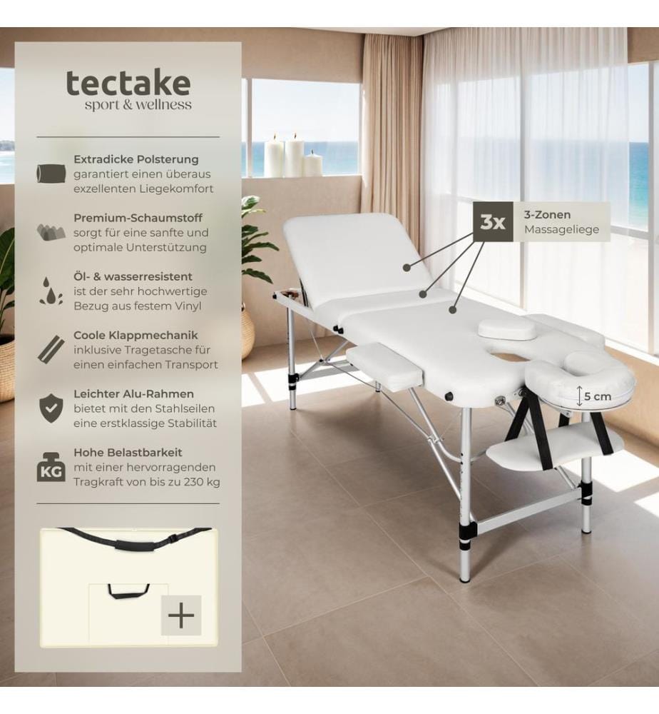 3 Zonen Massageliege mit 5 cm Polsterung und Aluminiumgestell - weiss