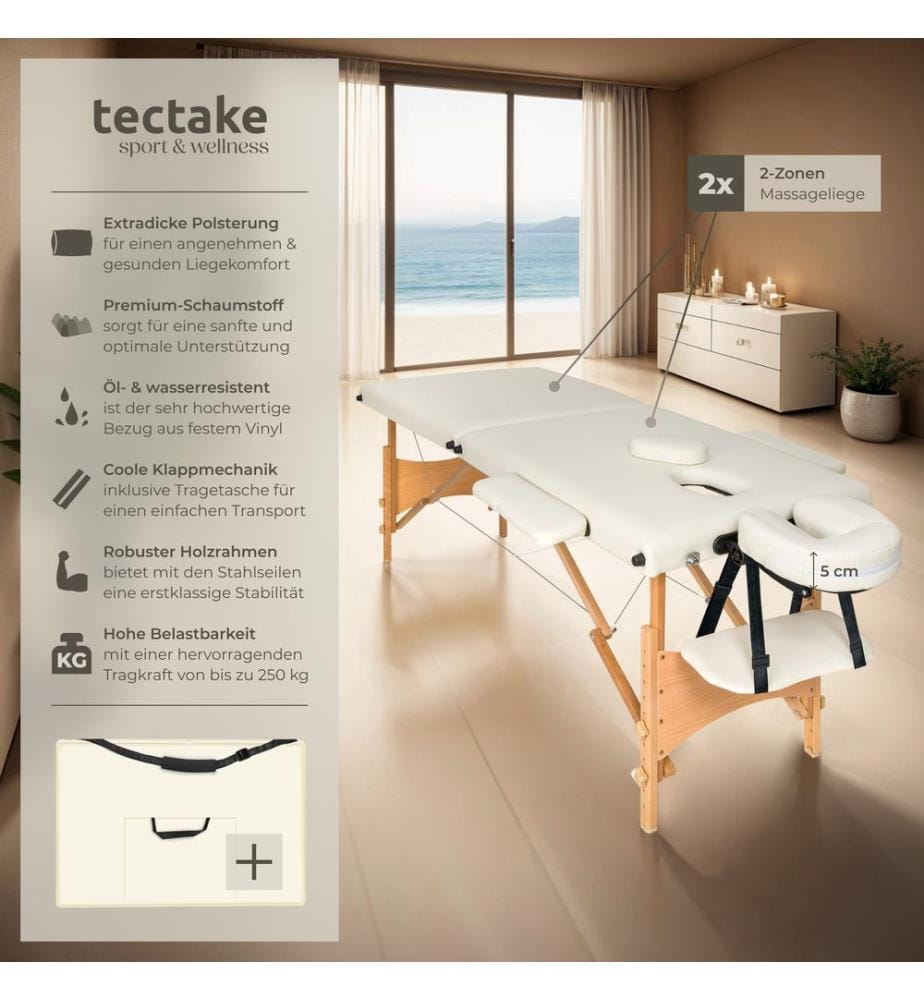 Table de massage pliante 2 zones en bois et portable - beige