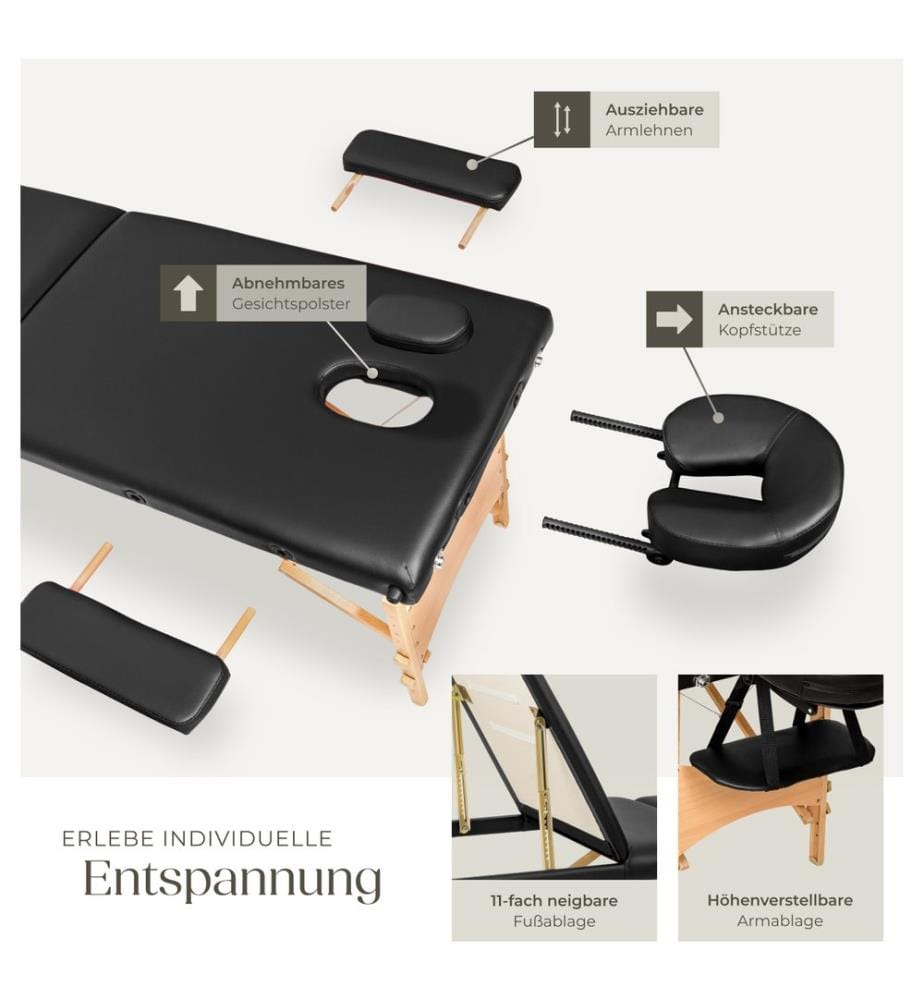 Table de massage pliante 3 Zones Bois, cosmétique, portable - noir