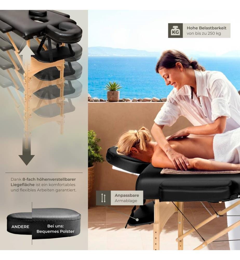 Table de massage pliante 3 Zones Bois, cosmétique, portable - noir