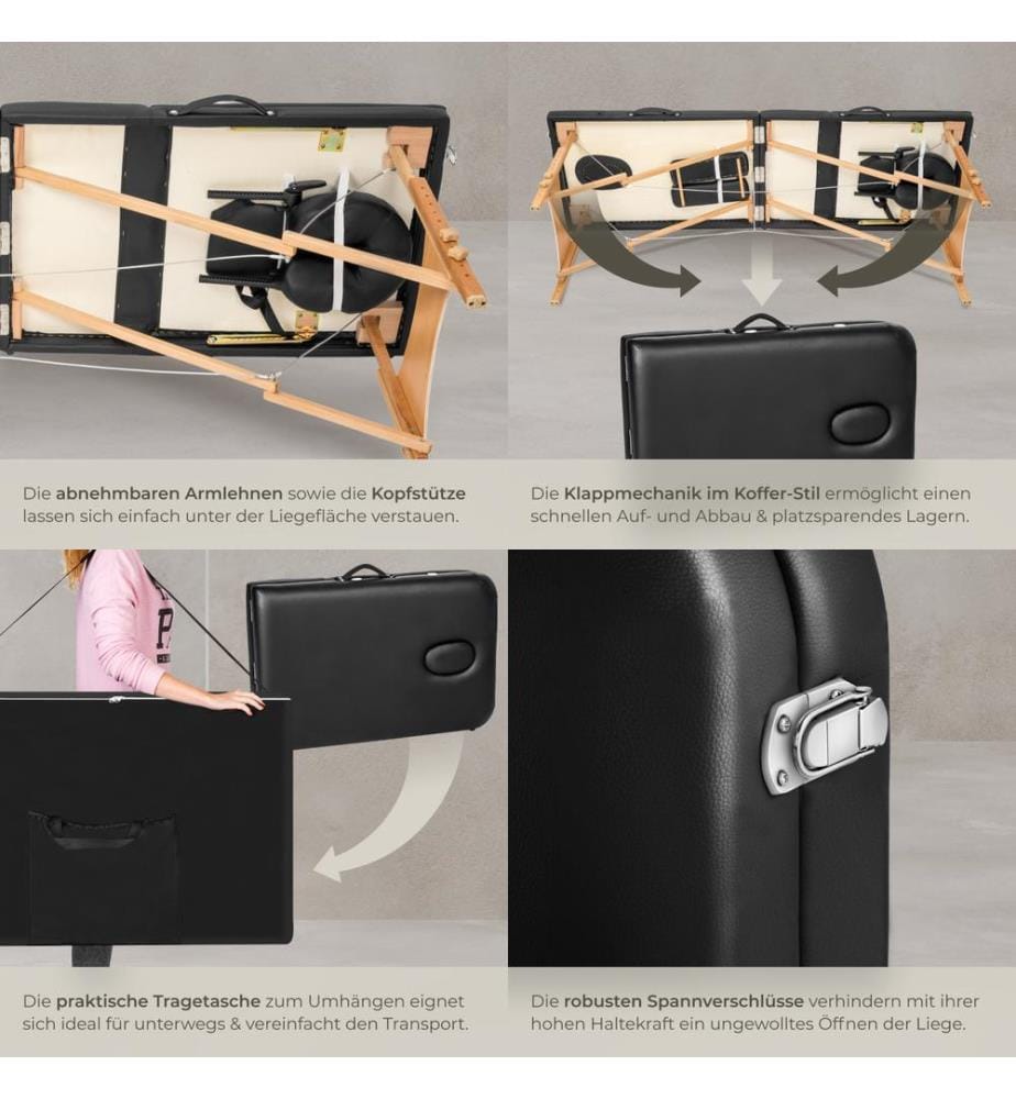 Table de massage pliante 3 Zones Bois, cosmétique, portable - noir