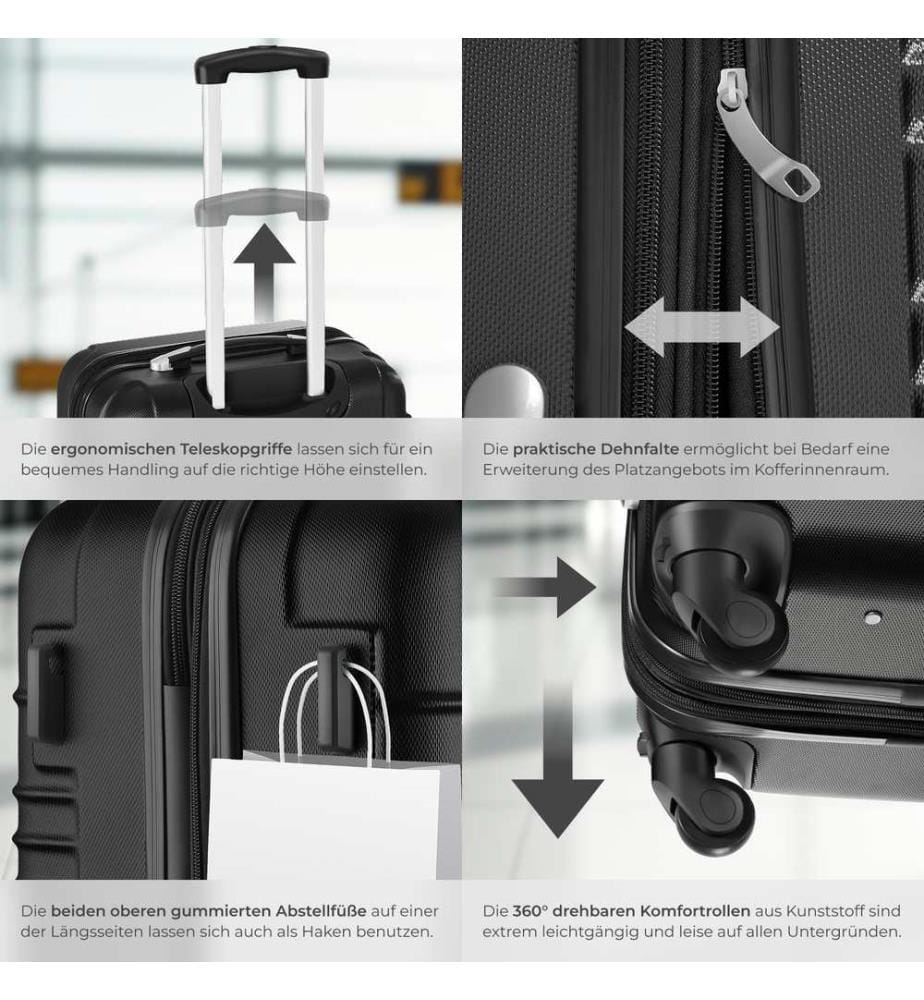 Set de 4 Valises Trolley - ABS - 4 Roues Pivotantes à 360° - noir