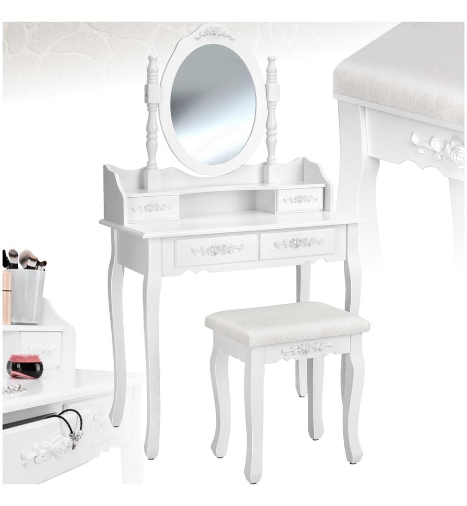 Schminktisch mit Spiegel und Hocker im Antik Look - weiss