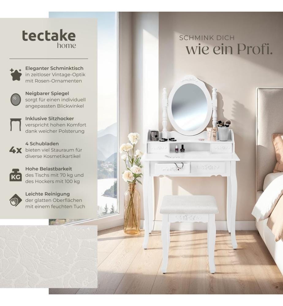 Schminktisch mit Spiegel und Hocker im Antik Look - weiss
