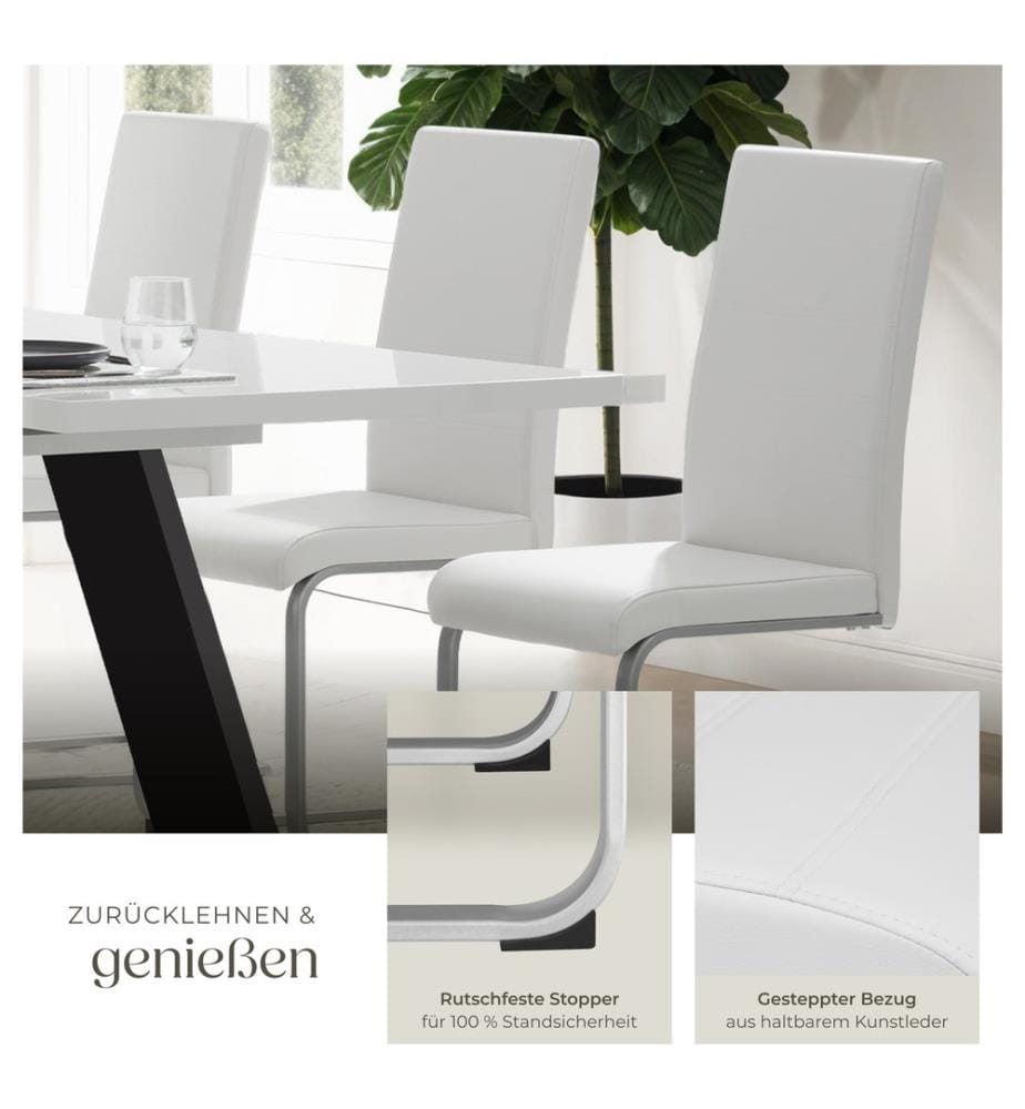 Chaises de Salle à Manger BETTINA Rembourrées Pieds en métal Argentés Design Moderne - blanc, Lot de 4