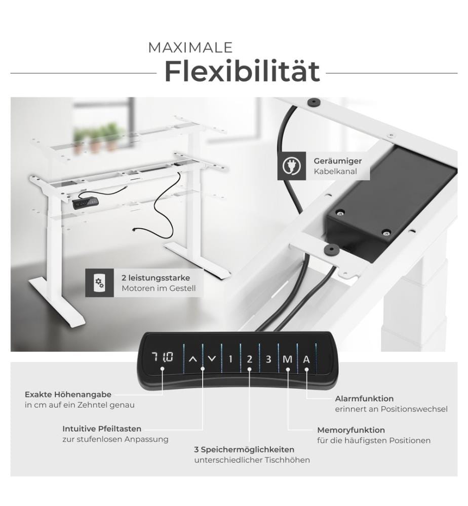 Tischgestell elektrisch höhenverstellbar Memory-Funkt extra breit 110-190x68x58-123 cm - weiss