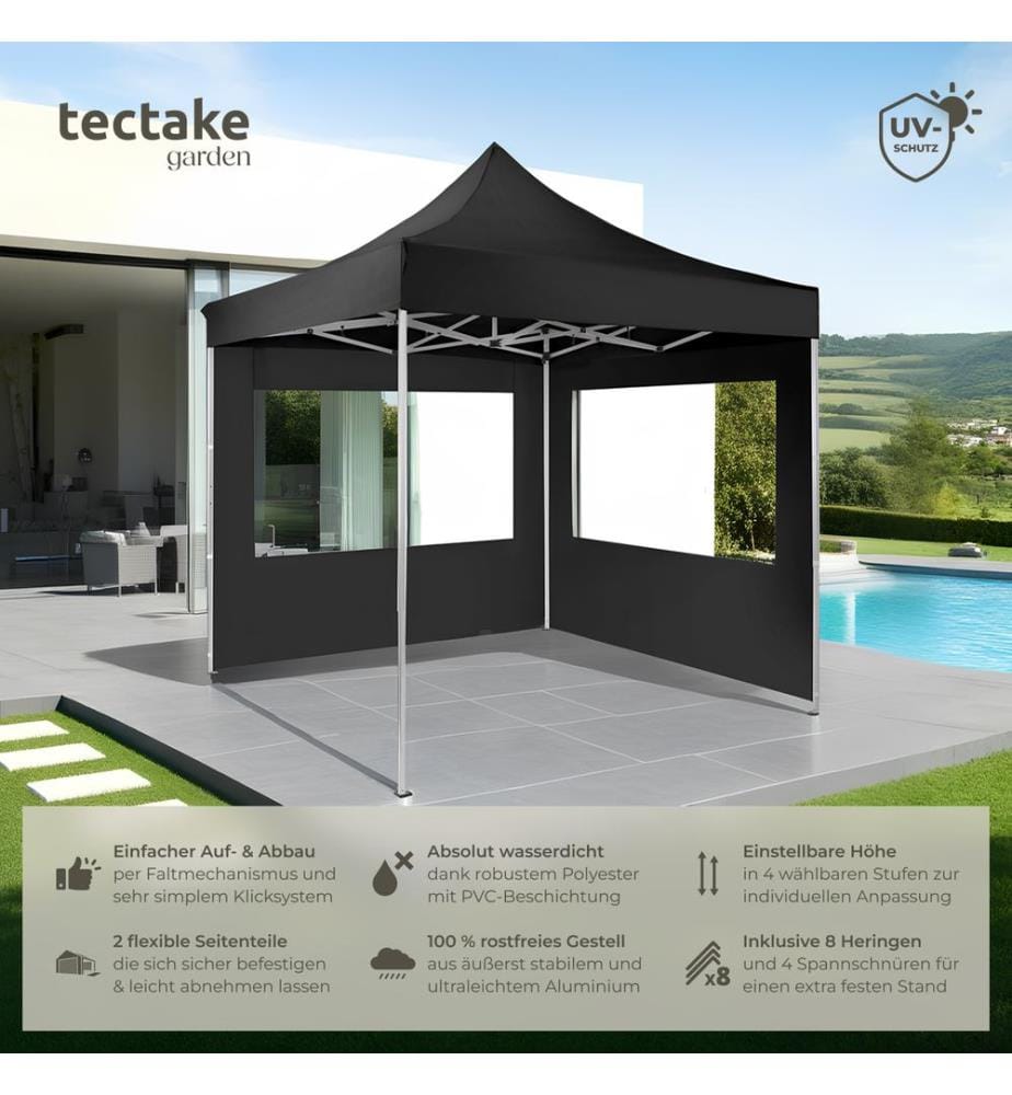 Gazebo pieghevole Olivia 3x3 m con 2 elementi laterali - nero