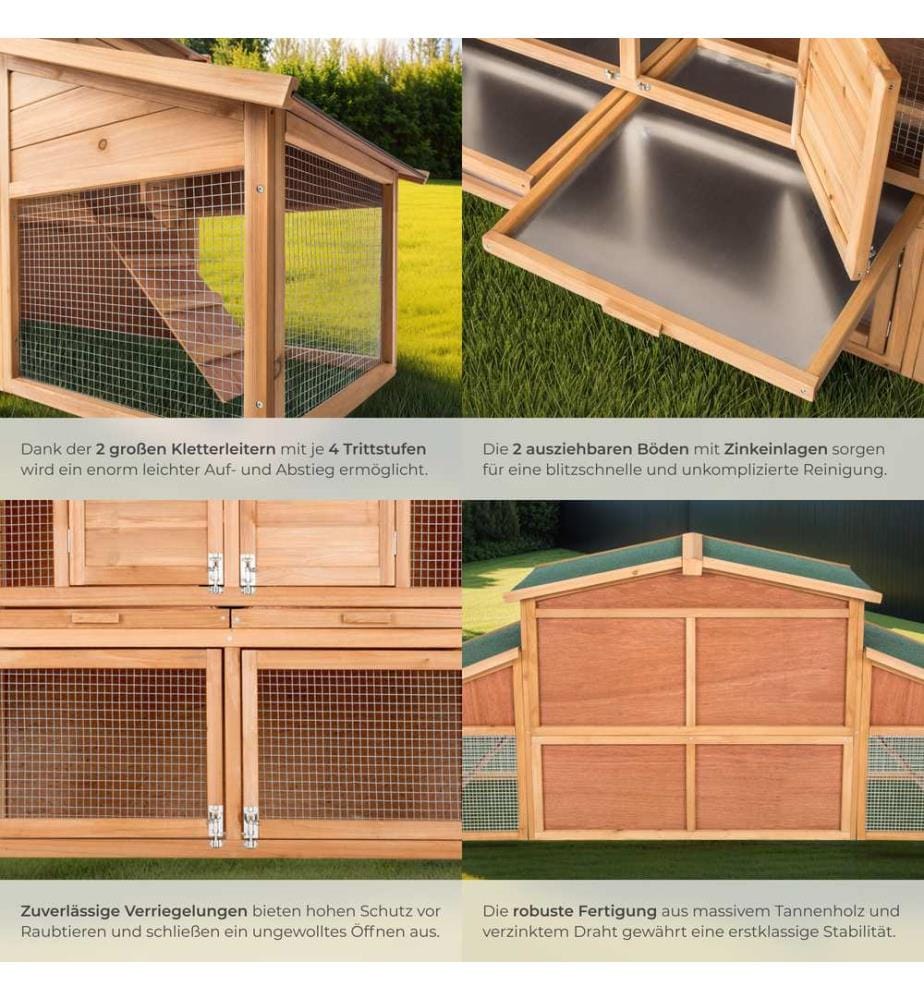 Kleintierstall XXL doppelstöckig mit Ruhezone 226x77x95,5 cm - braun