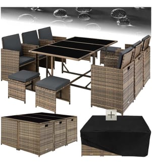 Salon de jardin MALAGA 10 places avec housse de protection - marron naturel