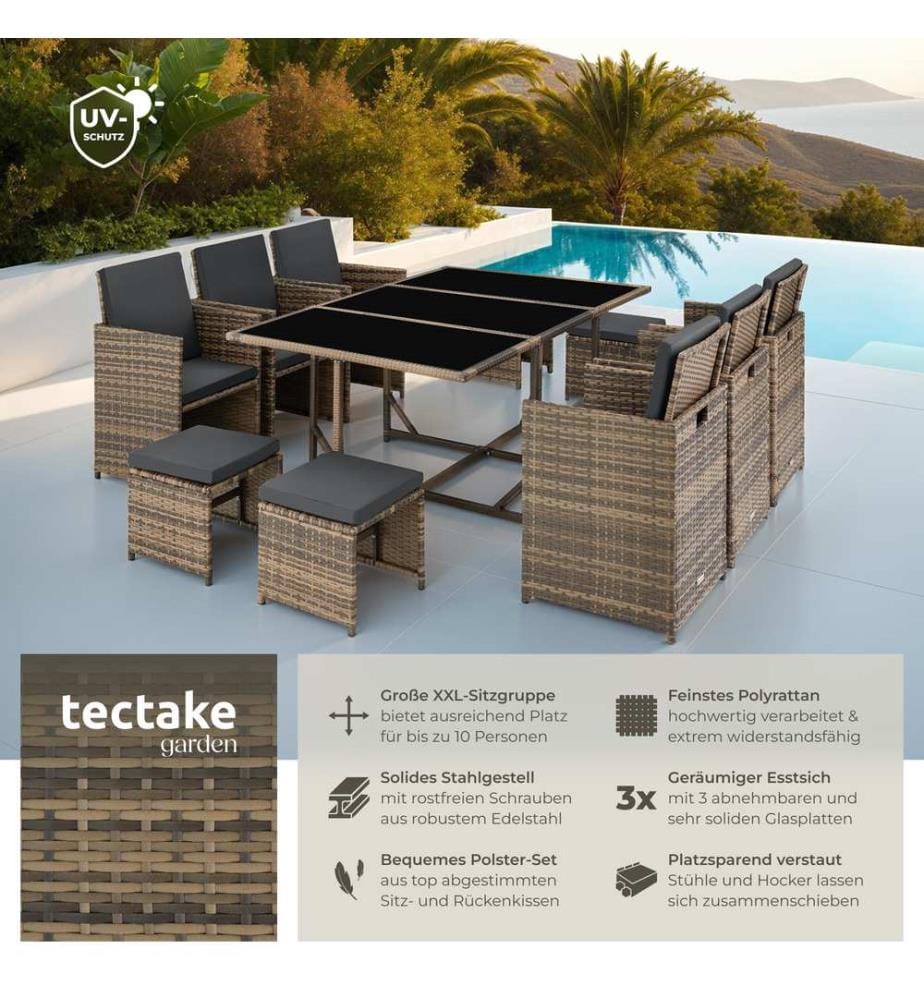Salon de jardin MALAGA 10 places avec housse de protection - marron naturel