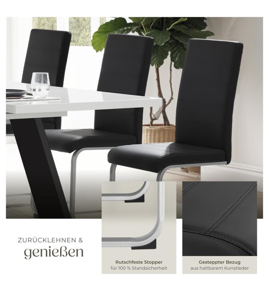 Chaises de Salle à Manger BETTINA Rembourrées Pieds en métal Argentés Design Moderne - noir, Lot de 8