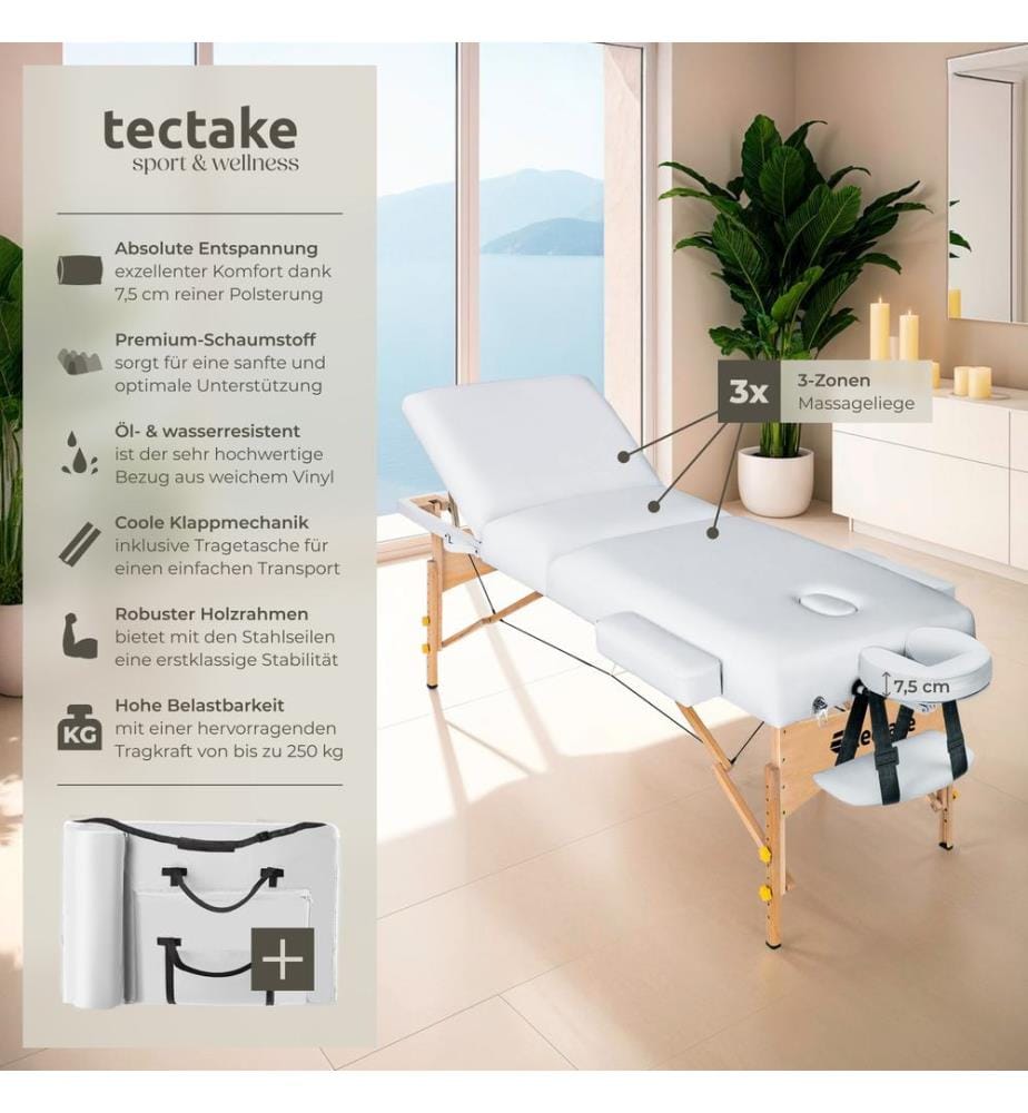 Table de massage Somwang 3 zones avec rembourrage de 7,5 cm et châssis en bois - blanc
