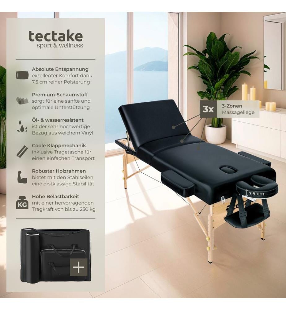 Table de massage Somwang 3 zones avec rembourrage de 7,5 cm et châssis en bois - noir