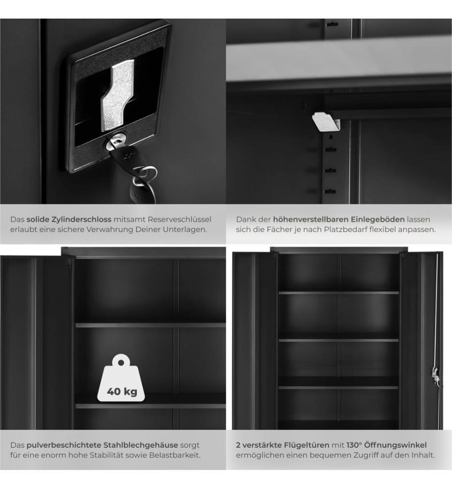 Aktenschrank Blain mit 5 Böden 40x80x180 cm - schwarz