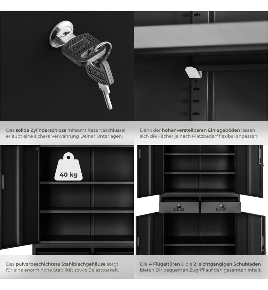 Aktenschrank Cosmo mit 2 Schubfächern 40x80x180 cm - schwarzschwarz