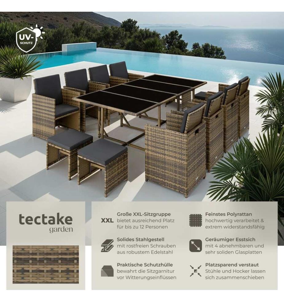 Salon de jardin PALMA 12 places avec housse de protection, variante 2 - marron naturelgris foncé
