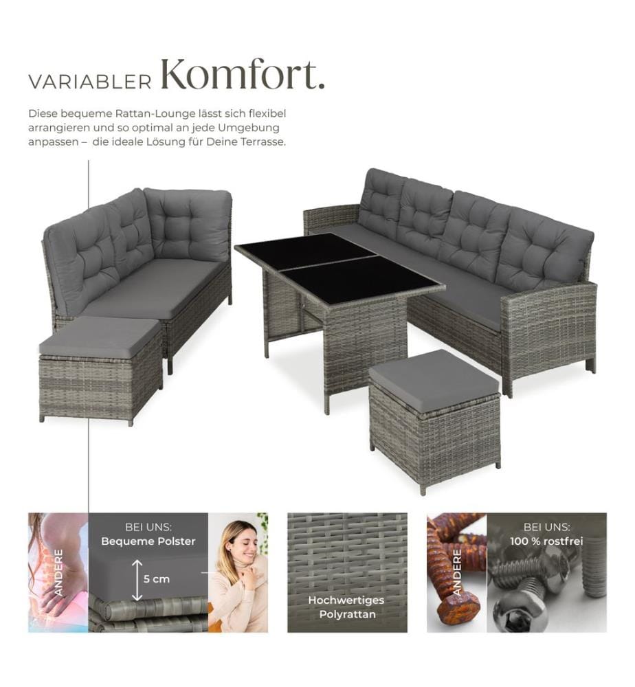 8 Seater Garden Furniture Set Barletta with Cushions, Footstools and Table - greybeige