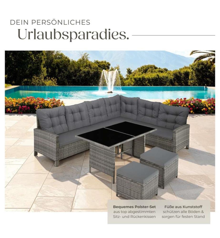 8 Seater Garden Furniture Set Barletta with Cushions, Footstools and Table - greybeige