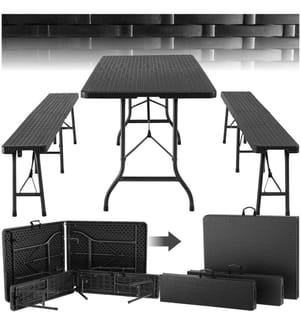 Ensemble de table de camping Vani pliable en rotin - noir-aspect rotin