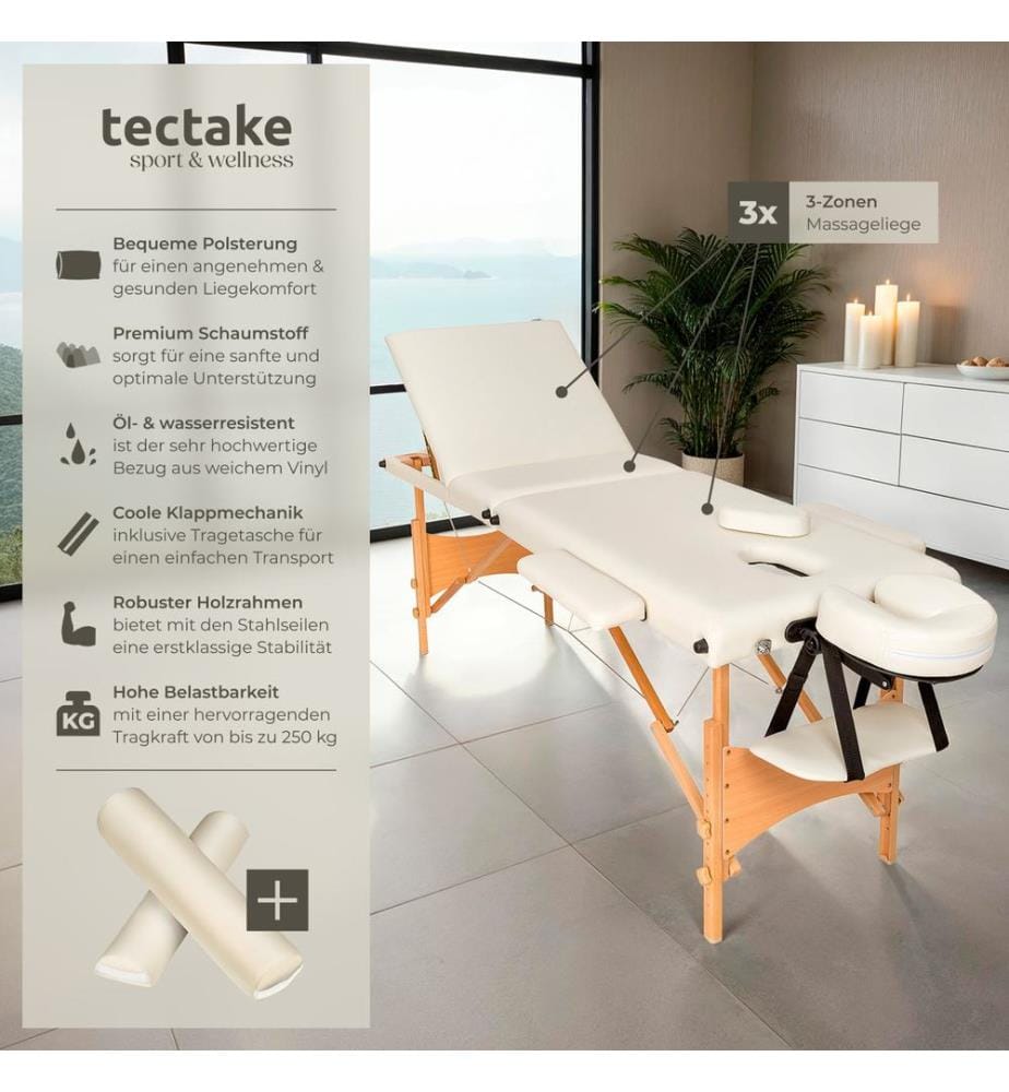 3 Zonen Massageliege-Set Daniel mit Polsterung, Rollen und Holzgestell - beige