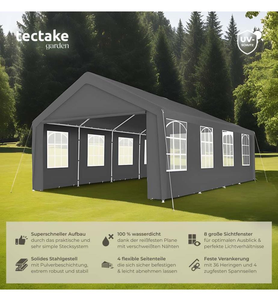Pavillon Mammut 8x4m avec système d'emboîtage, solide et étanche - gris