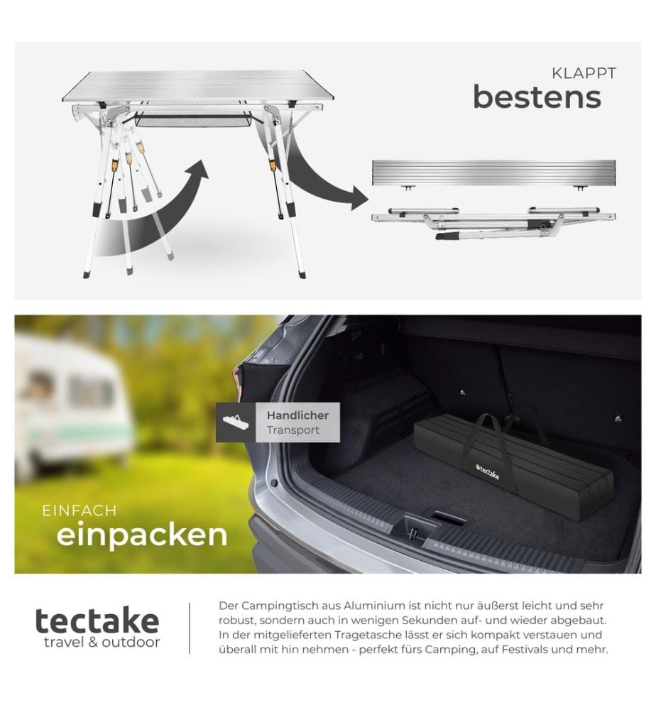Table de camping Tina en aluminium, pliable et réglable en hauteur - argent