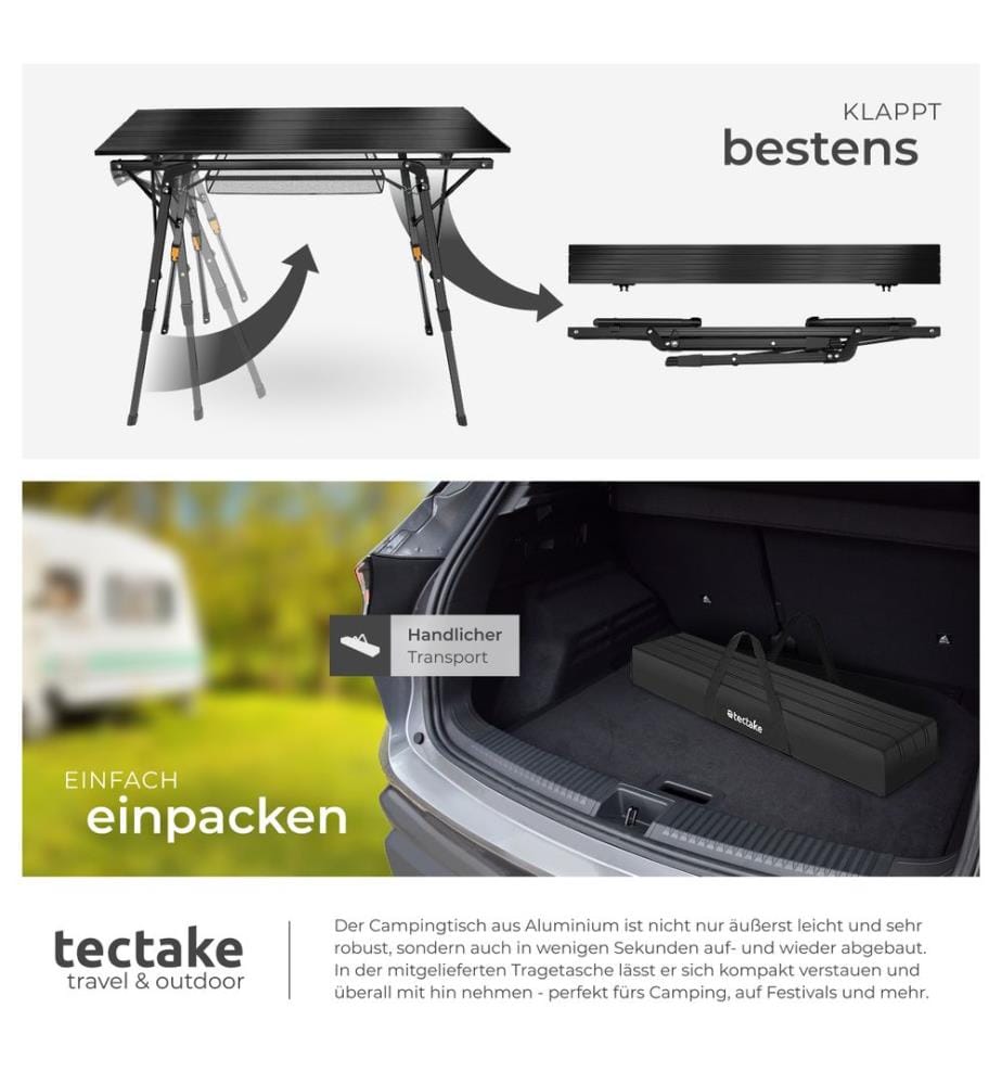 Table de camping Tina en aluminium, pliable et réglable en hauteur - noir