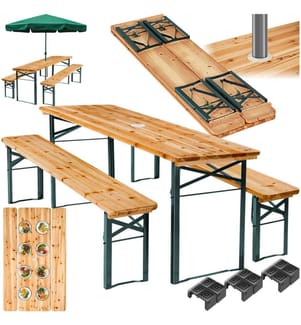 Ensemble table et bancs LUDWIG 3 pièces pliable avec support pour parasol - marron