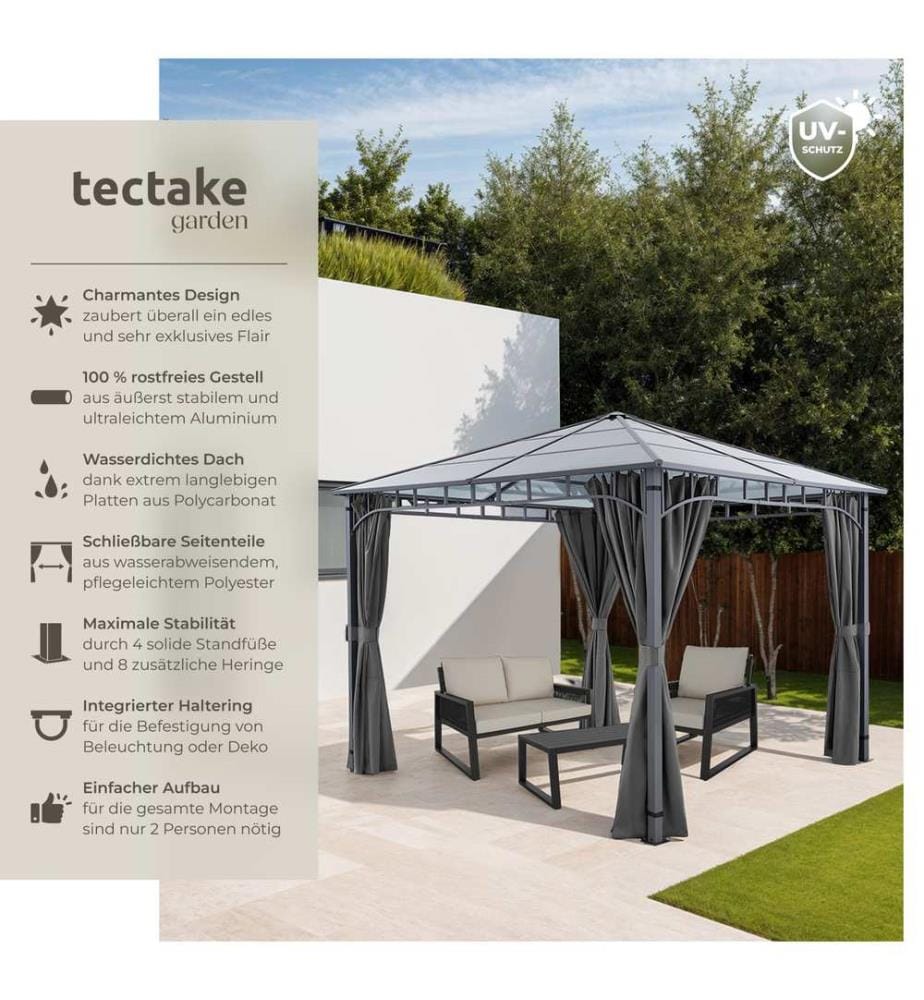 Gartenpavillon Caracas, wetterfest, Polycarbonat-Dachplatten - 3 x 3 m