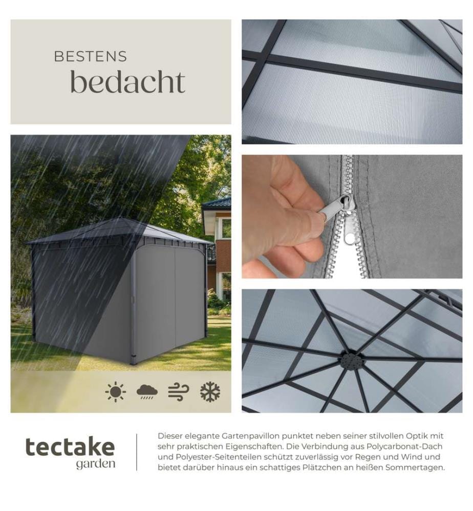 Gartenpavillon Caracas, wetterfest, Polycarbonat-Dachplatten - 3 x 3 m