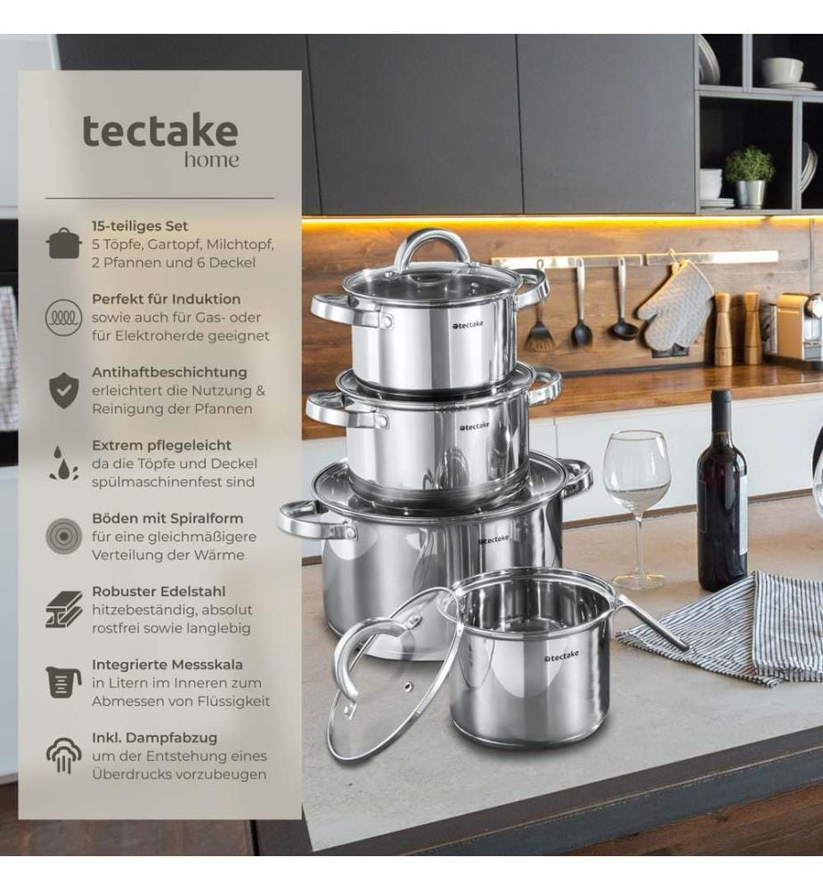 Kochtopfset Turin 15-tlg, Edelstahl, für Induktion geeignet - silber